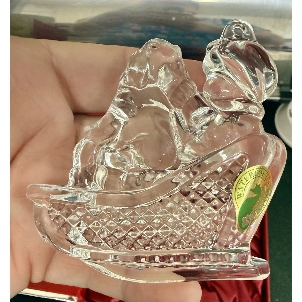 WATERFORD Crystal 2013 Christmas Wonders Boy on Sled with Puppy Ornament NIB